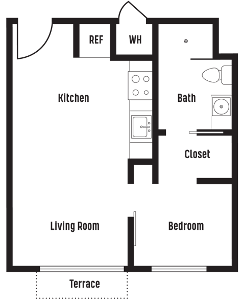 Floor plan for 1 bed, 1 bath, 460 sqft